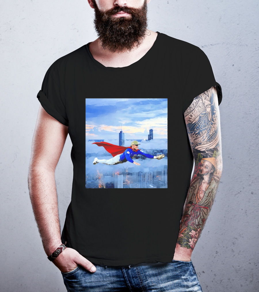Superman Nico Hoerner Chicago Cubs Second Baseman Flying Over City Skyline T-Shirt