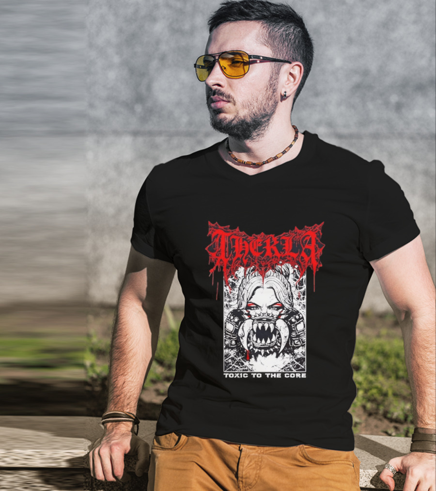Therkla Toxic To The Core Female Demon Mouth Red Eyes Dripping Blood T-Shirt