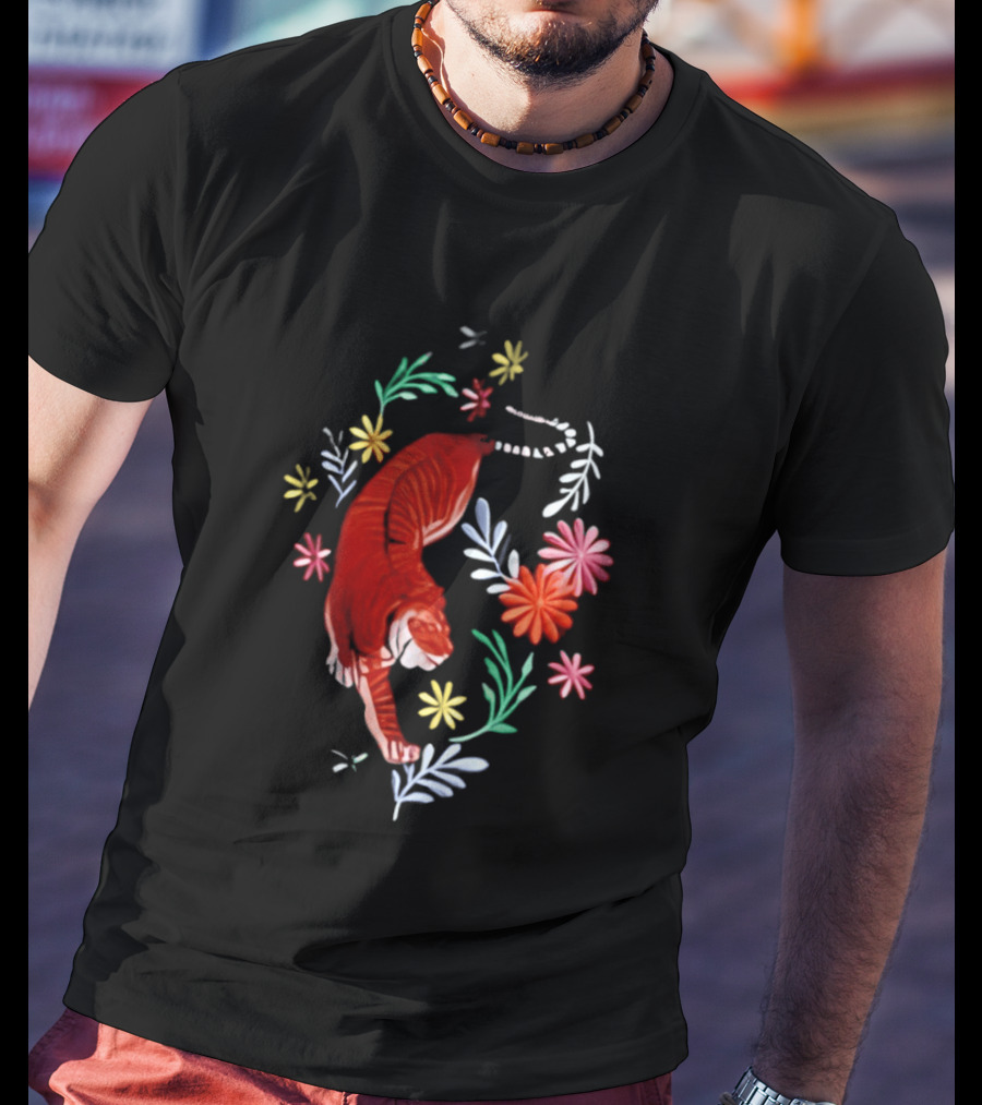 Todd Herzog Bengal Tiger Floral Motif With Vibrant Blooming Flowers T-Shirt
