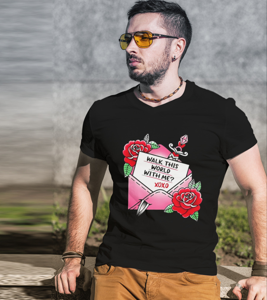 Walk This World With Me XOXO Romantic Tattoo Roses And Letter Envelope T-Shirt