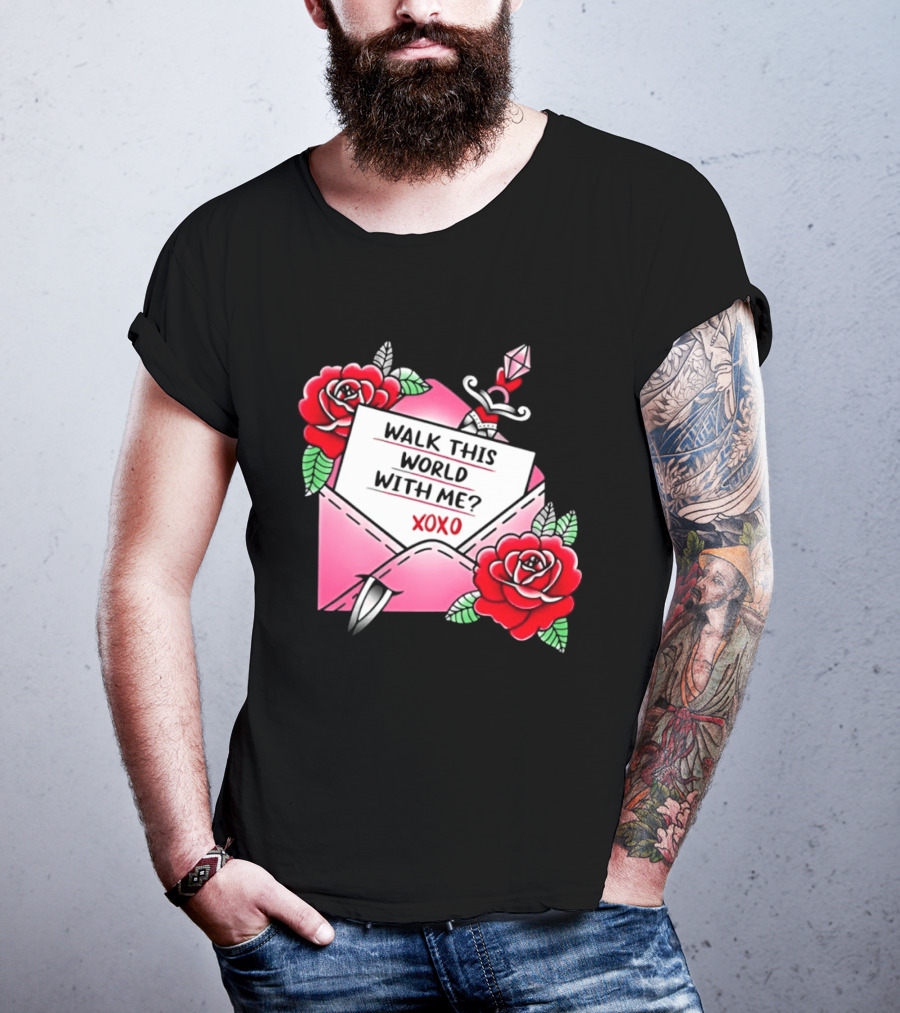 Walk This World With Me XOXO Romantic Tattoo Roses And Letter Envelope T-Shirt