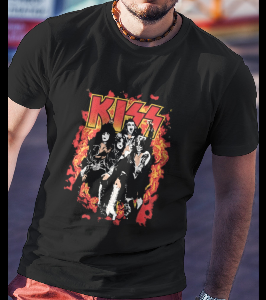 Kiss Flames And Flames All Over With Iconic Band T-Shirt
