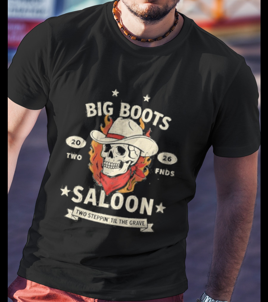 Big Boots Saloon Two Friends Cowboy Skull Flames Vintage 2018 T-Shirt