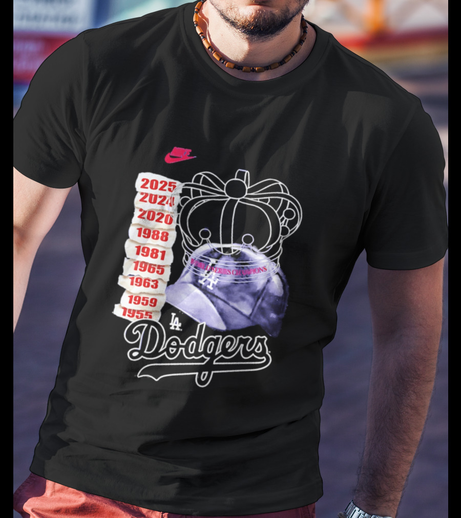 Los Angeles Dodgers 9x World Series Champions Crown And Cap 1955 2025 T-Shirt
