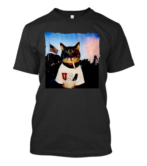 USA Cat With American Flag Sunglasses Smoking Fireworks T-Shirt