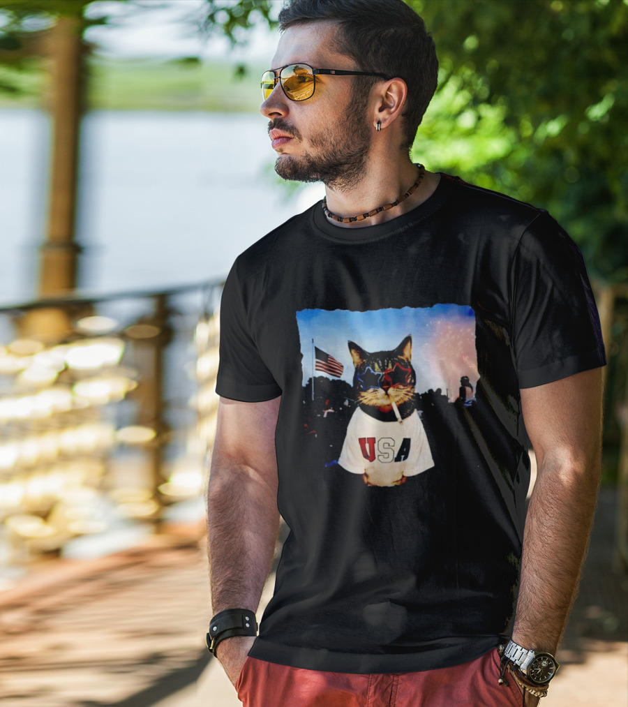 USA Cat With American Flag Sunglasses Smoking Fireworks T-Shirt