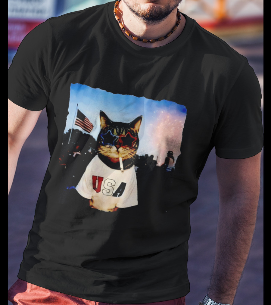USA Cat With American Flag Sunglasses Smoking Fireworks T-Shirt