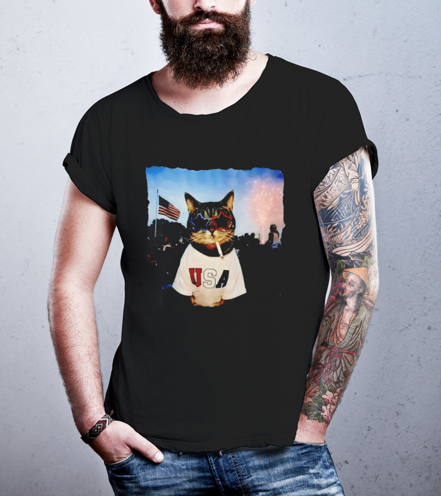 USA Cat With American Flag Sunglasses Smoking Fireworks T-Shirt