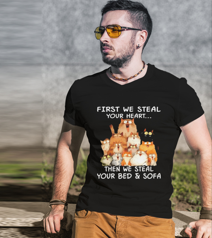 First We Steal Your Heart Then We Steal Your Bed And Sofa Cats Stack T-Shirt