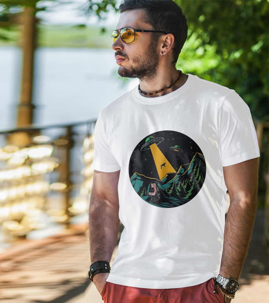UFOs Aliens Abduction Night Sky Mountains Forest Trees Stars Beam T-Shirt