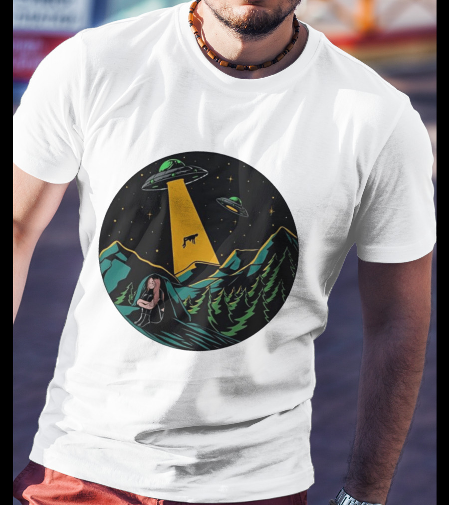 UFOs Aliens Abduction Night Sky Mountains Forest Trees Stars Beam T-Shirt