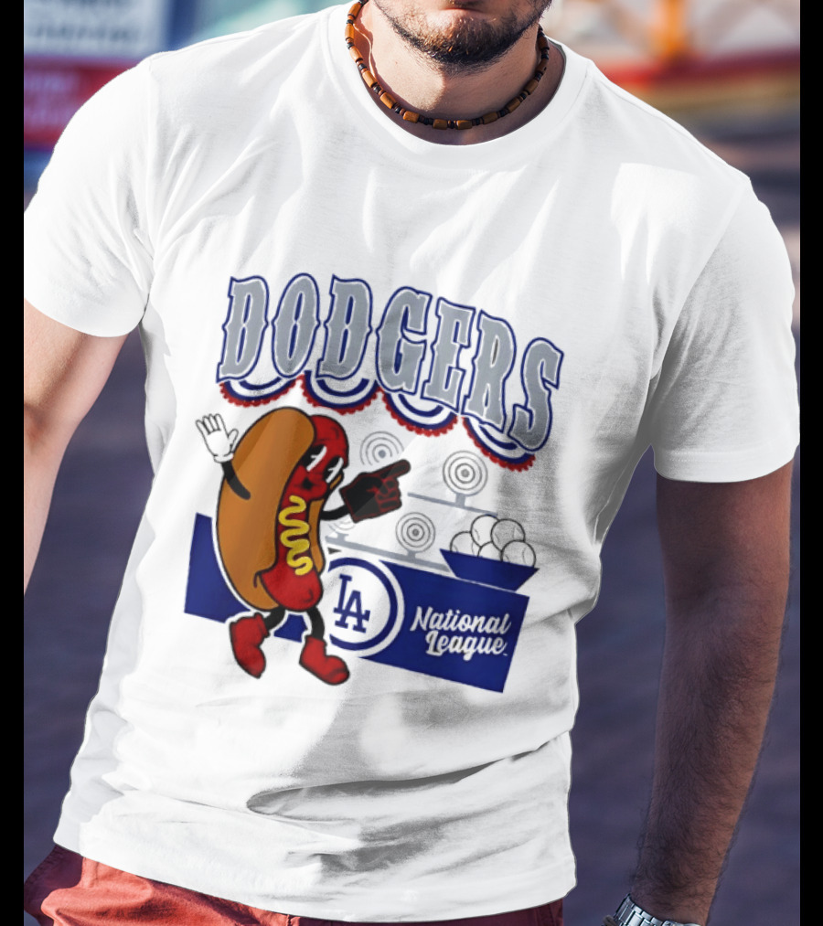 Cartoon Hot Dog Dodgers LA National League Baseball T-Shirt
