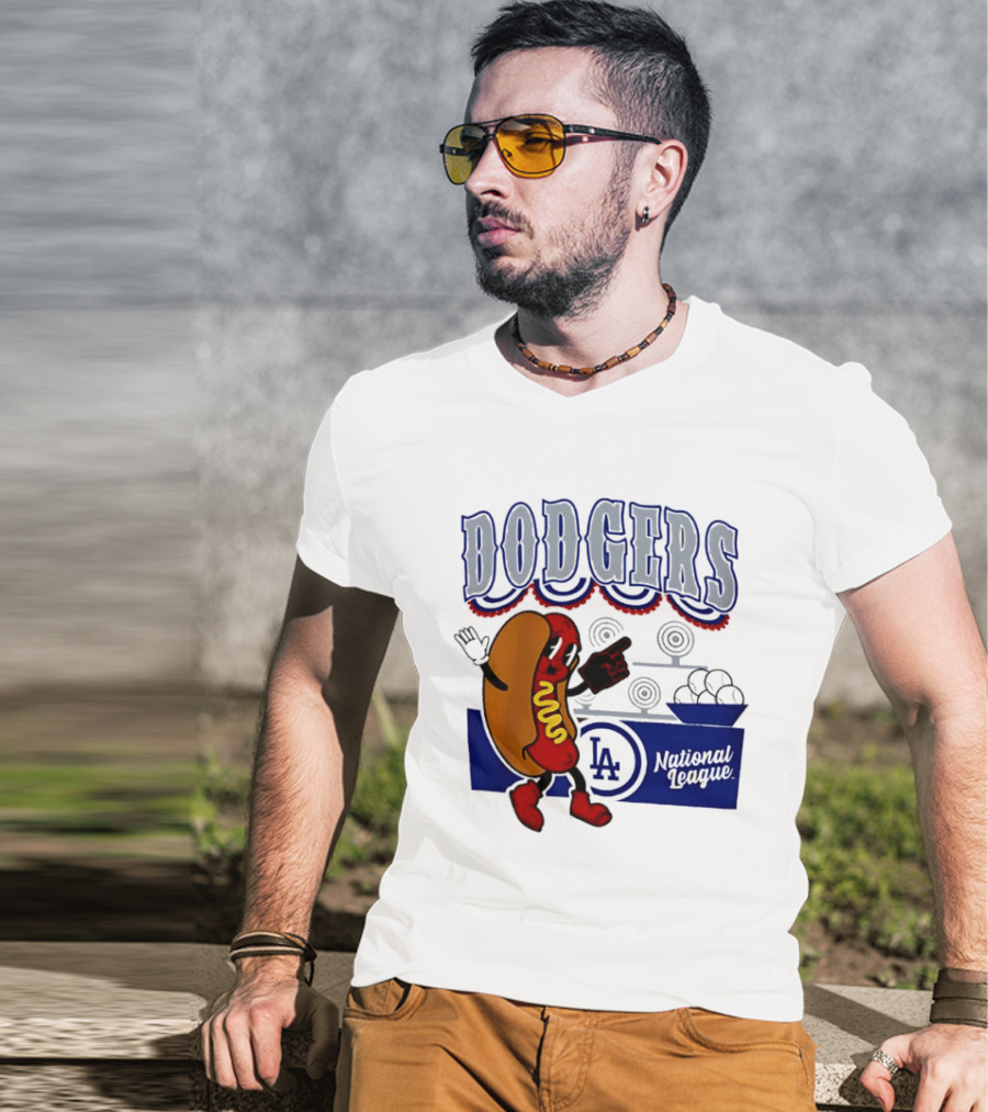 Cartoon Hot Dog Dodgers LA National League Baseball T-Shirt