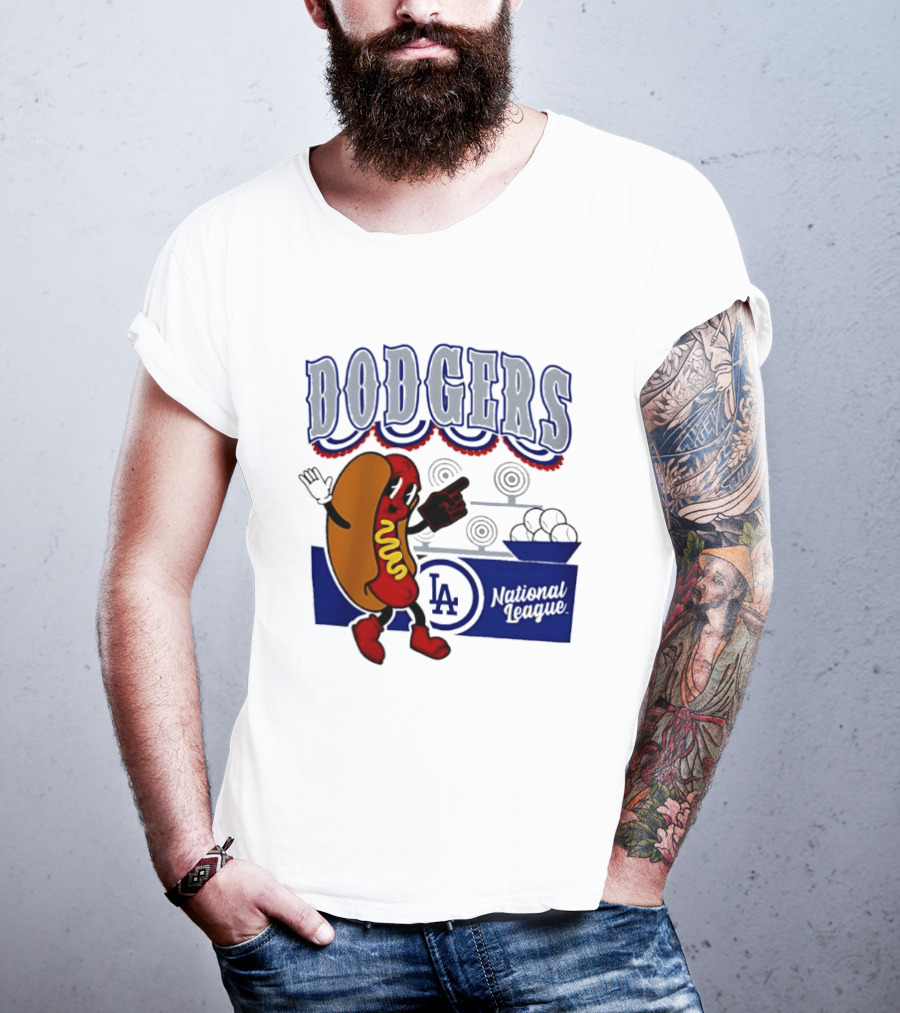 Cartoon Hot Dog Dodgers LA National League Baseball T-Shirt