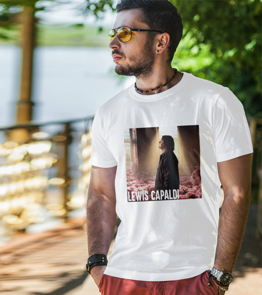 Lewis Capaldi Standing In Floral Scene With Sunlight In Concert Photo T-Shirt
