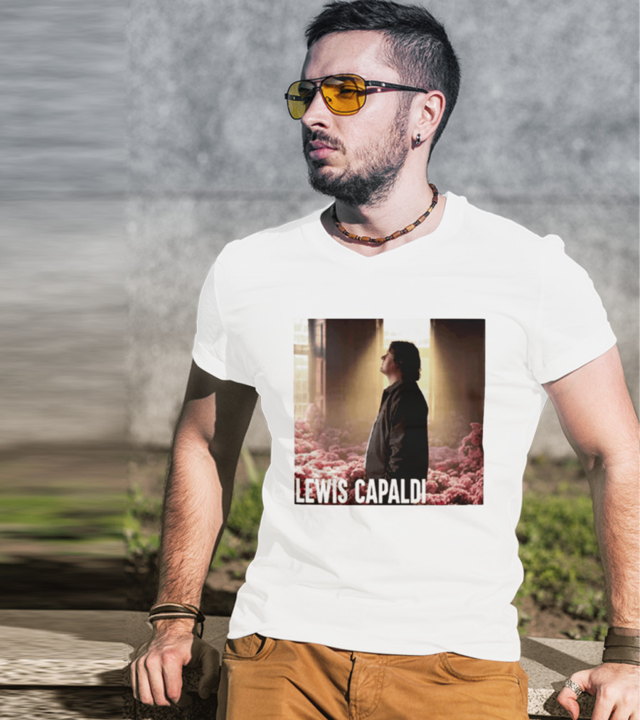 Lewis Capaldi Standing In Floral Scene With Sunlight In Concert Photo T-Shirt