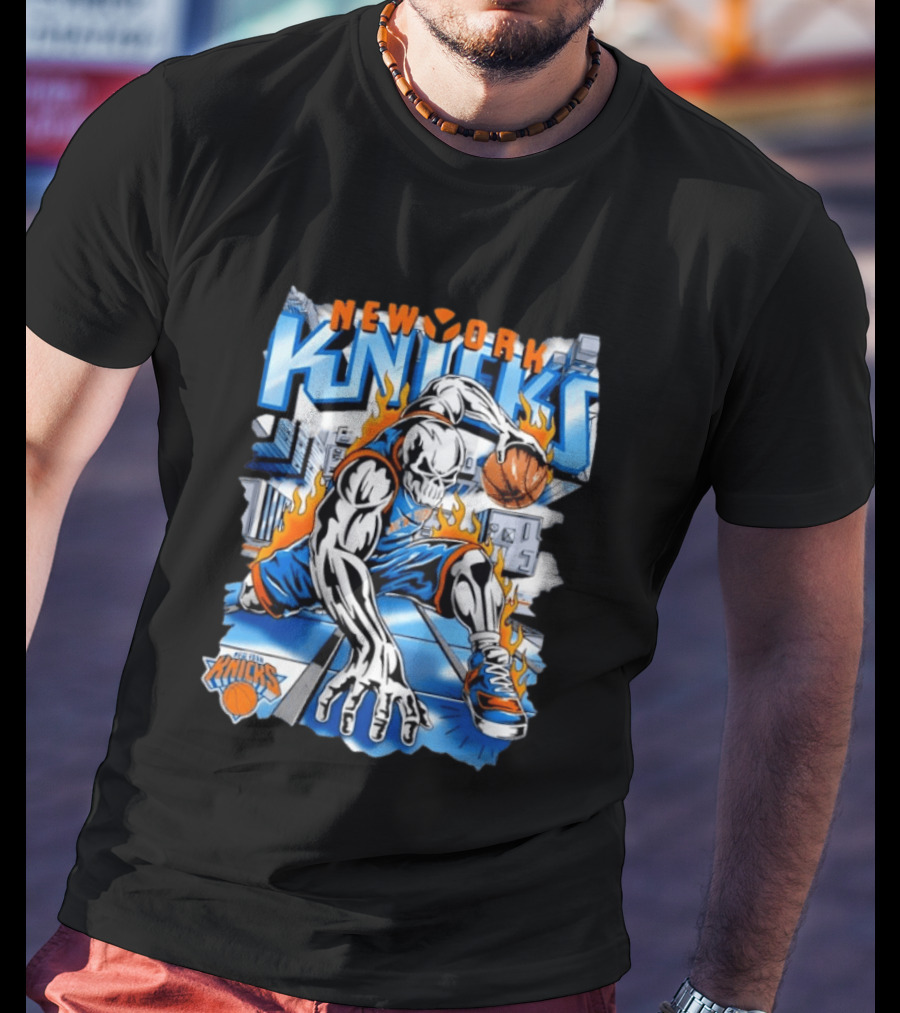 New York Knicks Basketball Urban Street Art Comic Style Flame Warrior T-Shirt