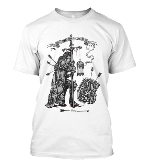 Knight Sword Shield Arrows Lantern Helmet Furia Do You Yield Yes No T-Shirt