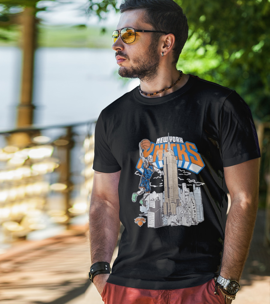 New York Knicks Skeleton Basketball Player Empire State Building Slam Dunk NBA T-Shirt