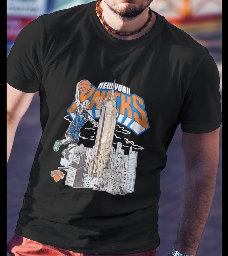 New York Knicks Skeleton Basketball Player Empire State Building Slam Dunk NBA T-Shirt