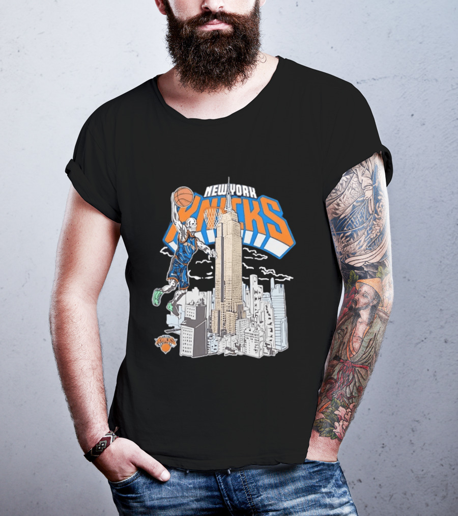 New York Knicks Skeleton Basketball Player Empire State Building Slam Dunk NBA T-Shirt