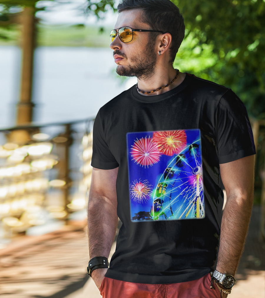Ferris Wheel Fireworks Night Display Blue Sky T-Shirt