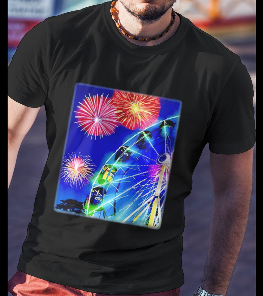 Ferris Wheel Fireworks Night Display Blue Sky T-Shirt