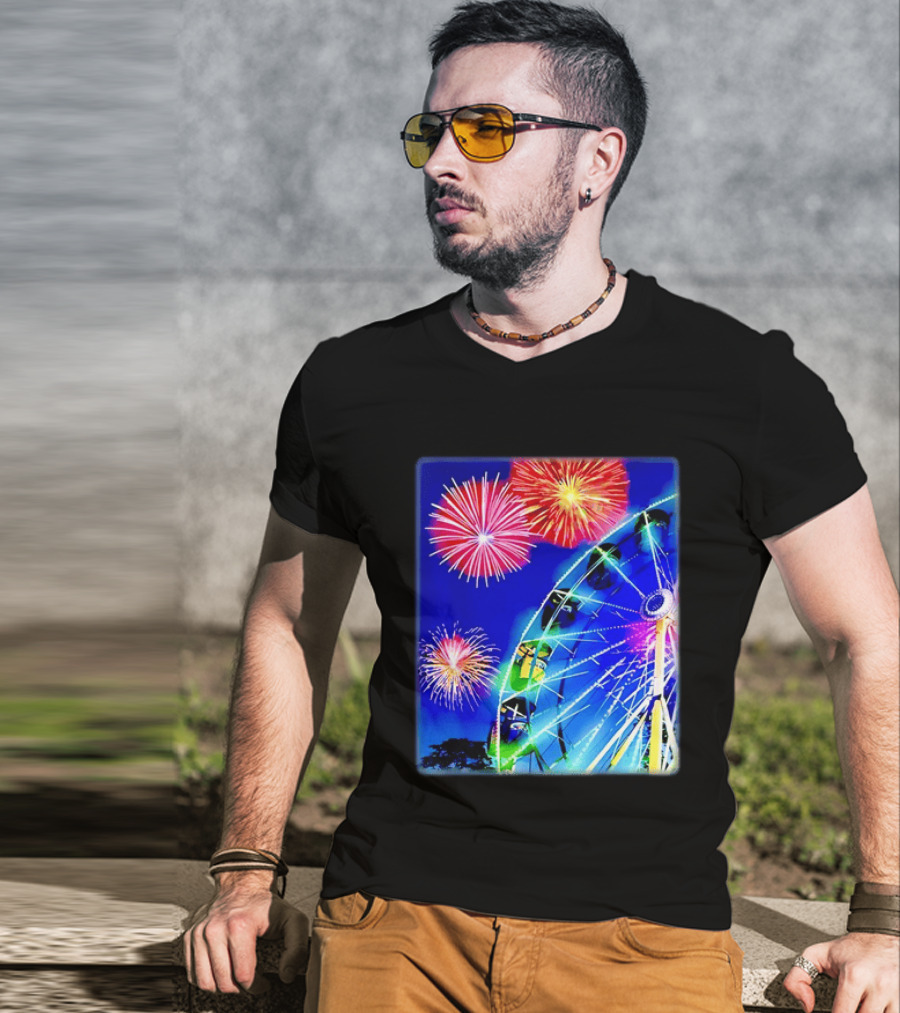 Ferris Wheel Fireworks Night Display Blue Sky T-Shirt