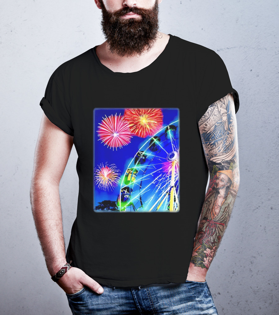 Ferris Wheel Fireworks Night Display Blue Sky T-Shirt