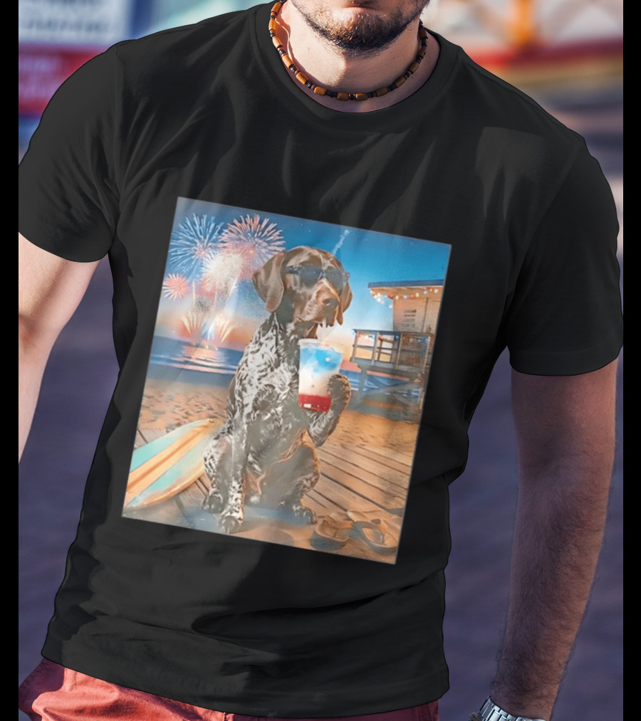 German Shorthaired Pointer Fourth Of July Fireworks Beach Party Surfboard Scene T-Shirt