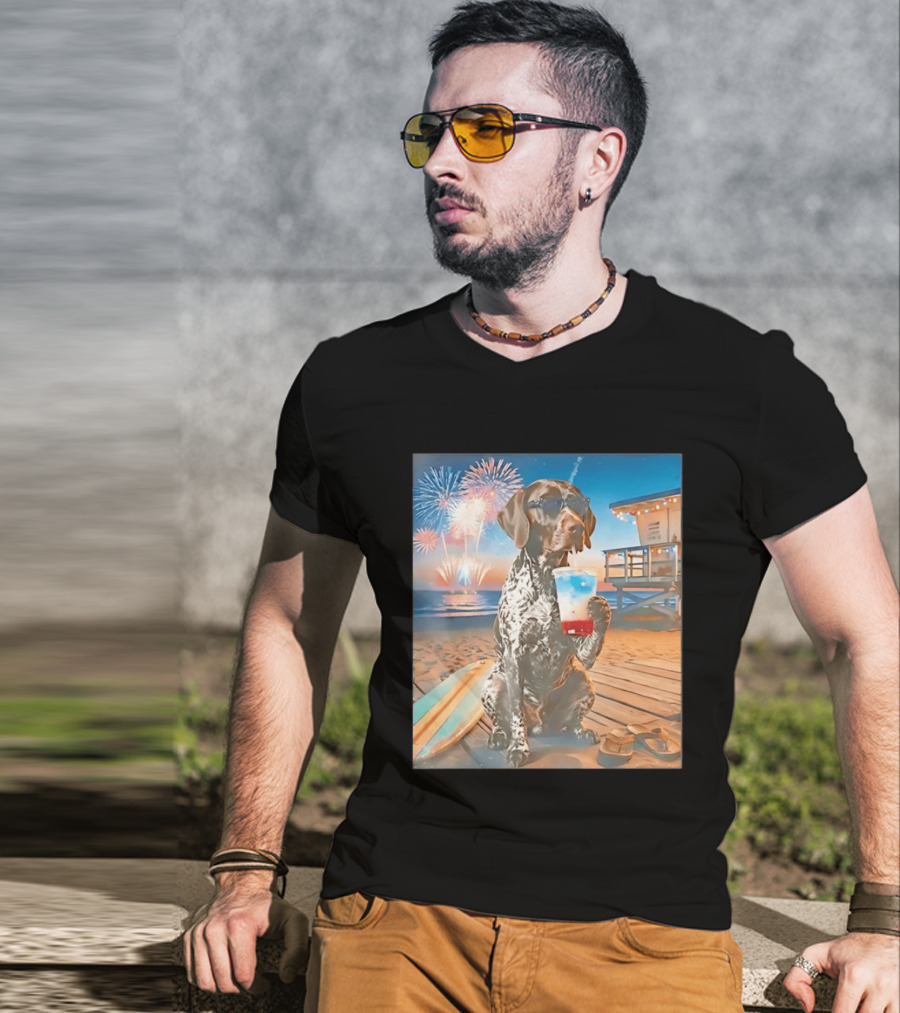 German Shorthaired Pointer Fourth Of July Fireworks Beach Party Surfboard Scene T-Shirt