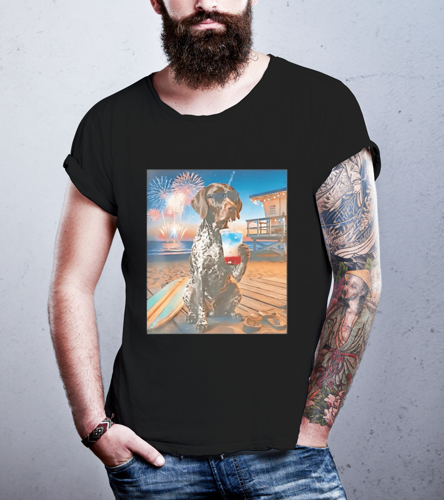 German Shorthaired Pointer Fourth Of July Fireworks Beach Party Surfboard Scene T-Shirt