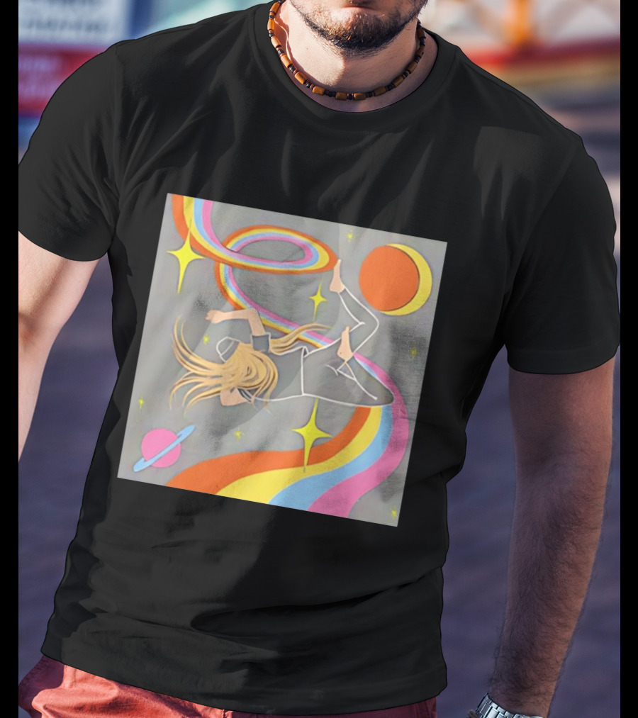 Rainbow Swirl Stars Crescent Moon Planet Orbit Cosmos Night Galaxy T-Shirt