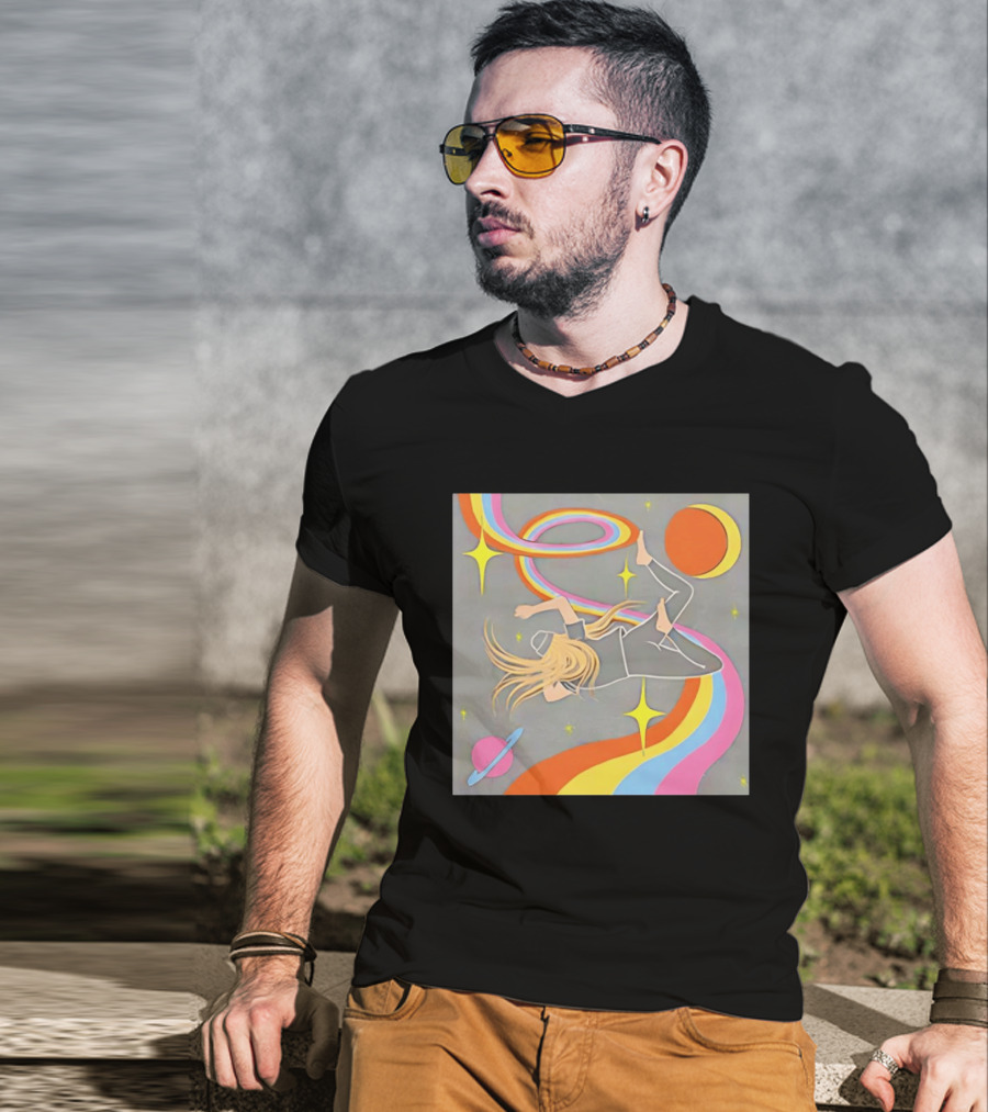 Rainbow Swirl Stars Crescent Moon Planet Orbit Cosmos Night Galaxy T-Shirt