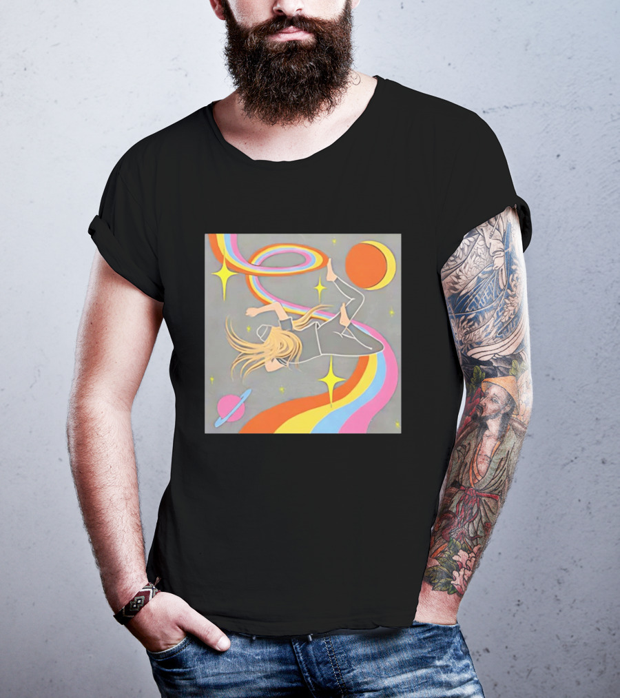 Rainbow Swirl Stars Crescent Moon Planet Orbit Cosmos Night Galaxy T-Shirt