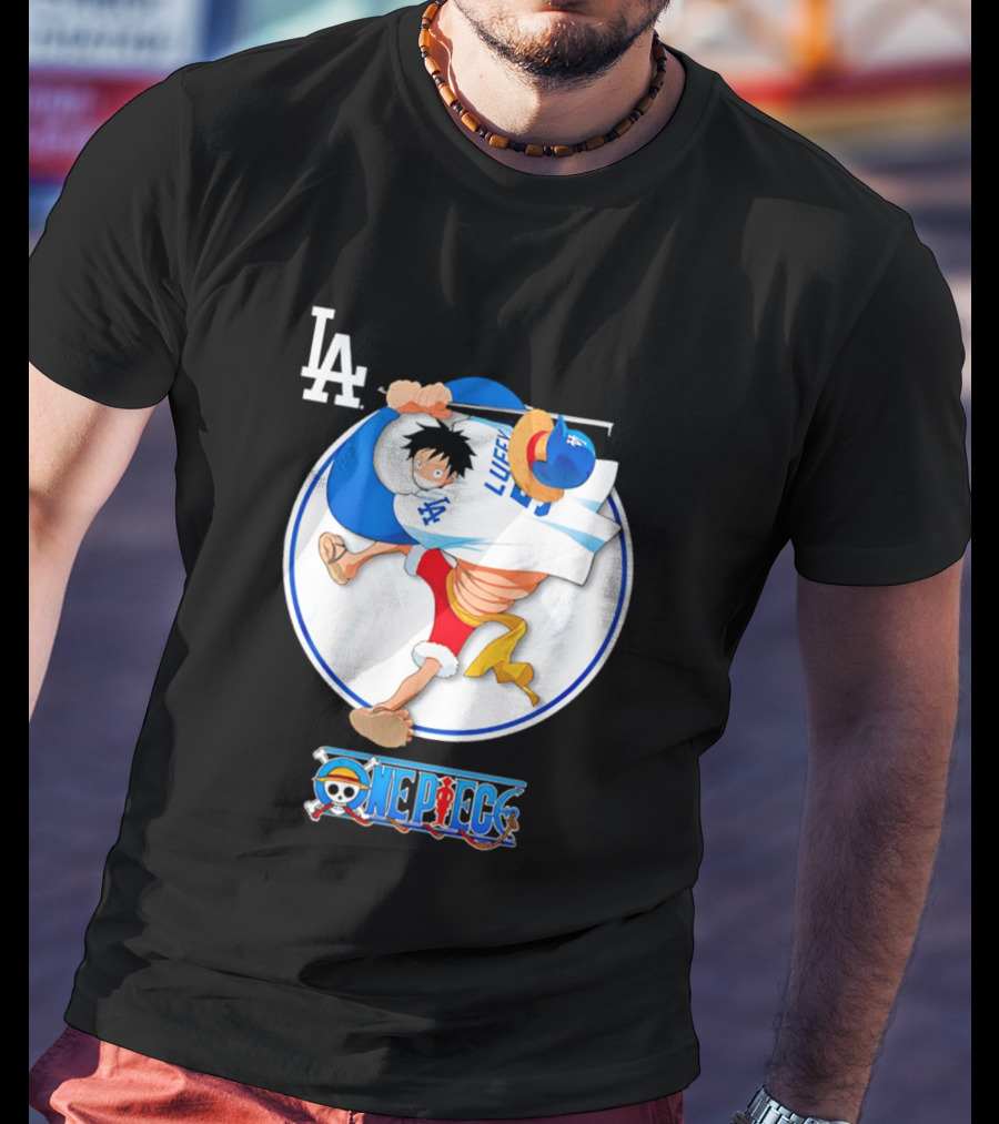 Los Angeles Dodgers Luffy OnePiece Collaboration With LA Logo And One Piece Branding T-Shirt