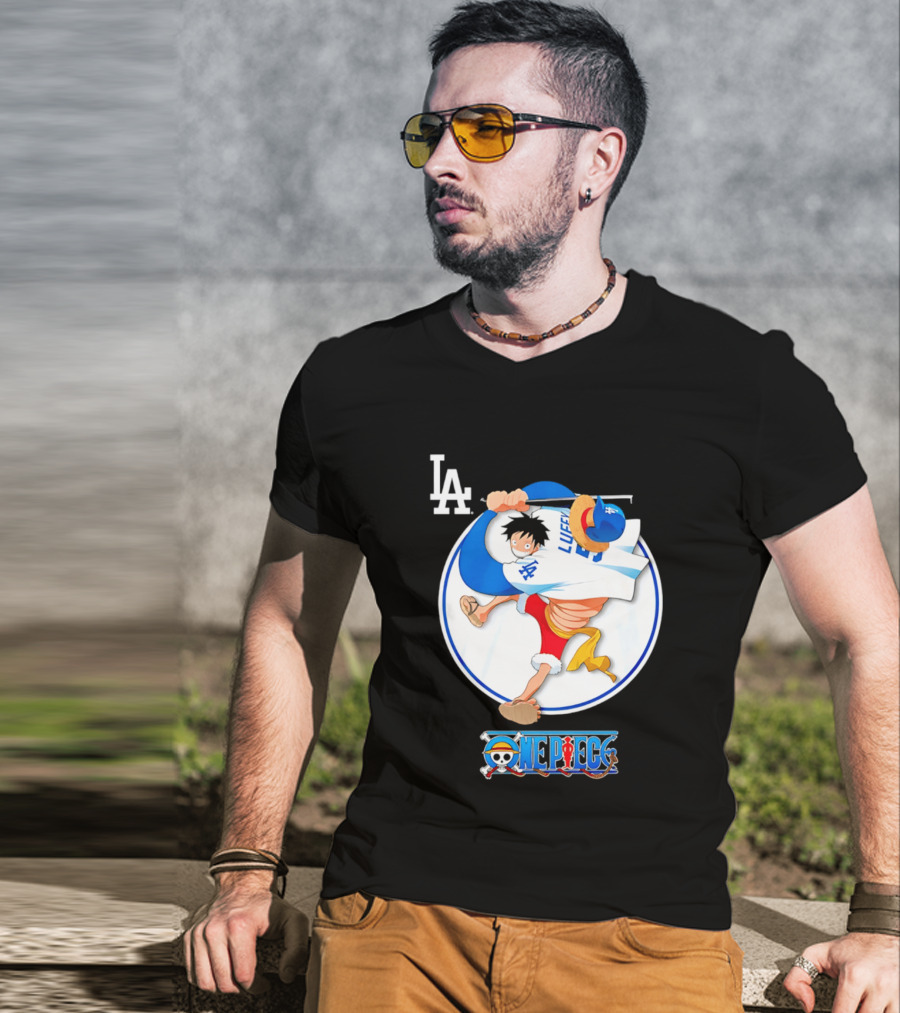 Los Angeles Dodgers Luffy OnePiece Collaboration With LA Logo And One Piece Branding T-Shirt