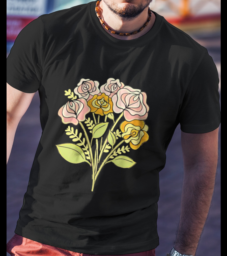 Pink Roses Yellow Roses Leaves Stems Bloom Blossom Petal Flower Plant T-Shirt