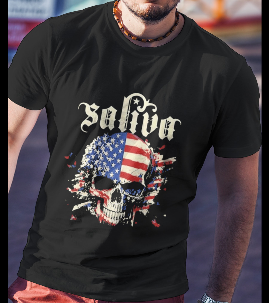 Saliva Click Click Boom Skull American Flag Grunge T-Shirt