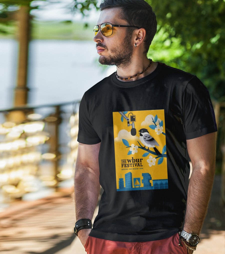The Wbur Festival Boston 2026 Yellow Bird Microphone Urban Skyline T-Shirt