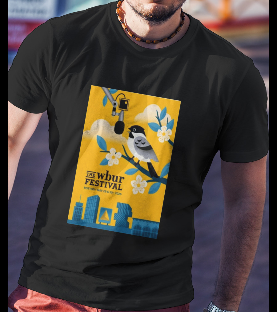 The Wbur Festival Boston 2026 Yellow Bird Microphone Urban Skyline T-Shirt