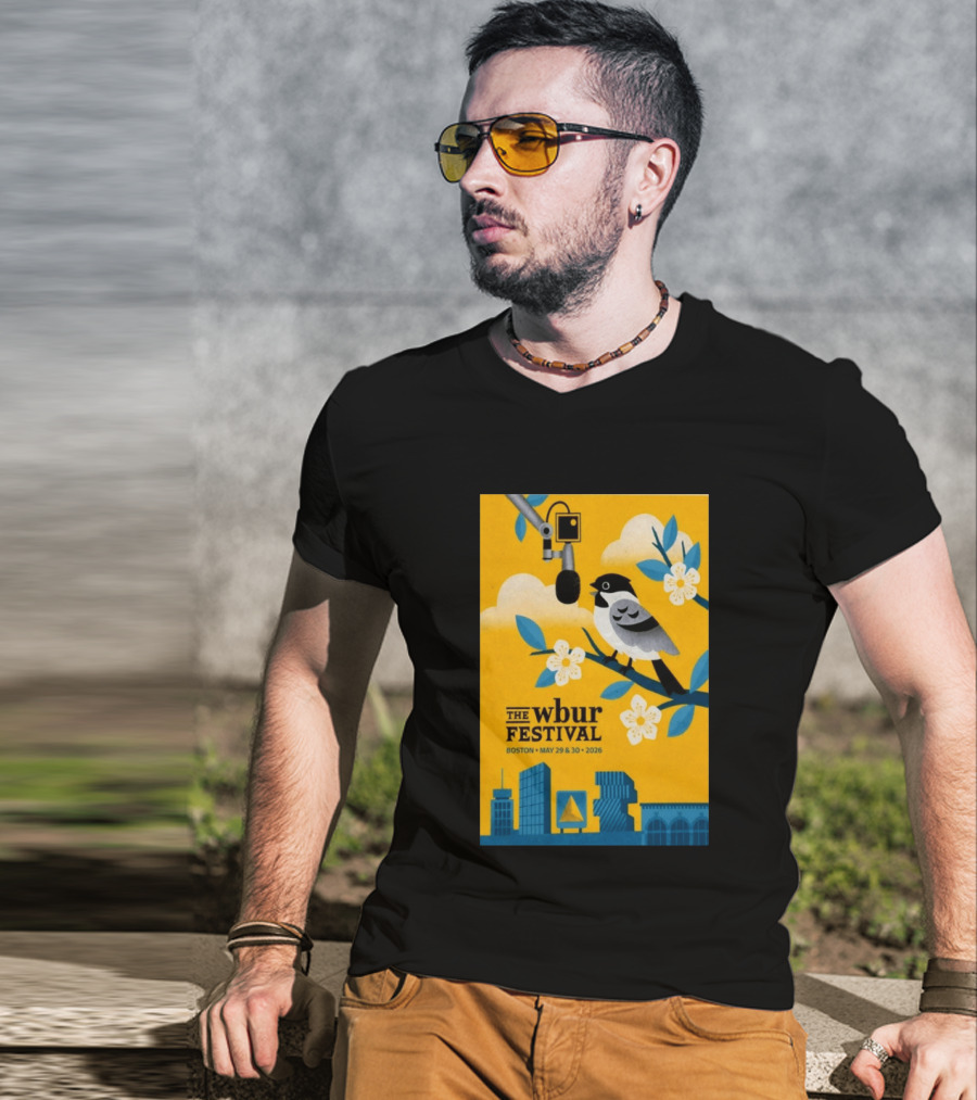 The Wbur Festival Boston 2026 Yellow Bird Microphone Urban Skyline T-Shirt