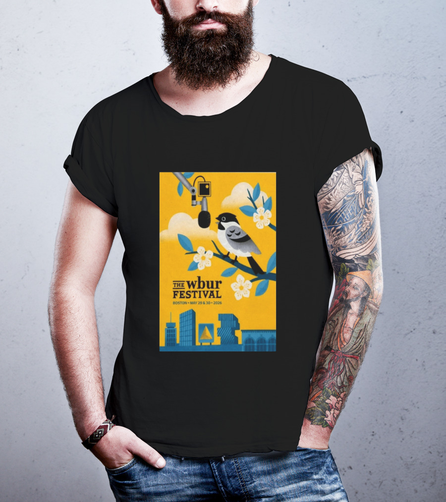 The Wbur Festival Boston 2026 Yellow Bird Microphone Urban Skyline T-Shirt