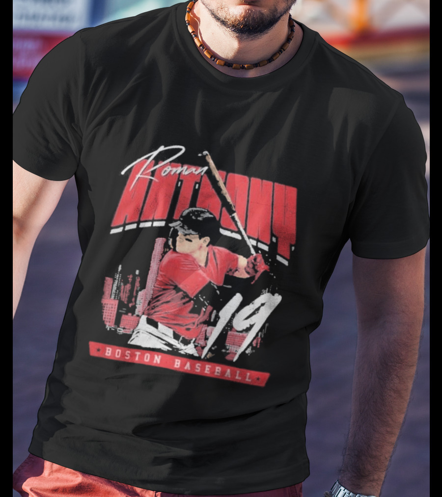 Roman Anthony 19 Boston Baseball Skyline Batting Scene T-Shirt