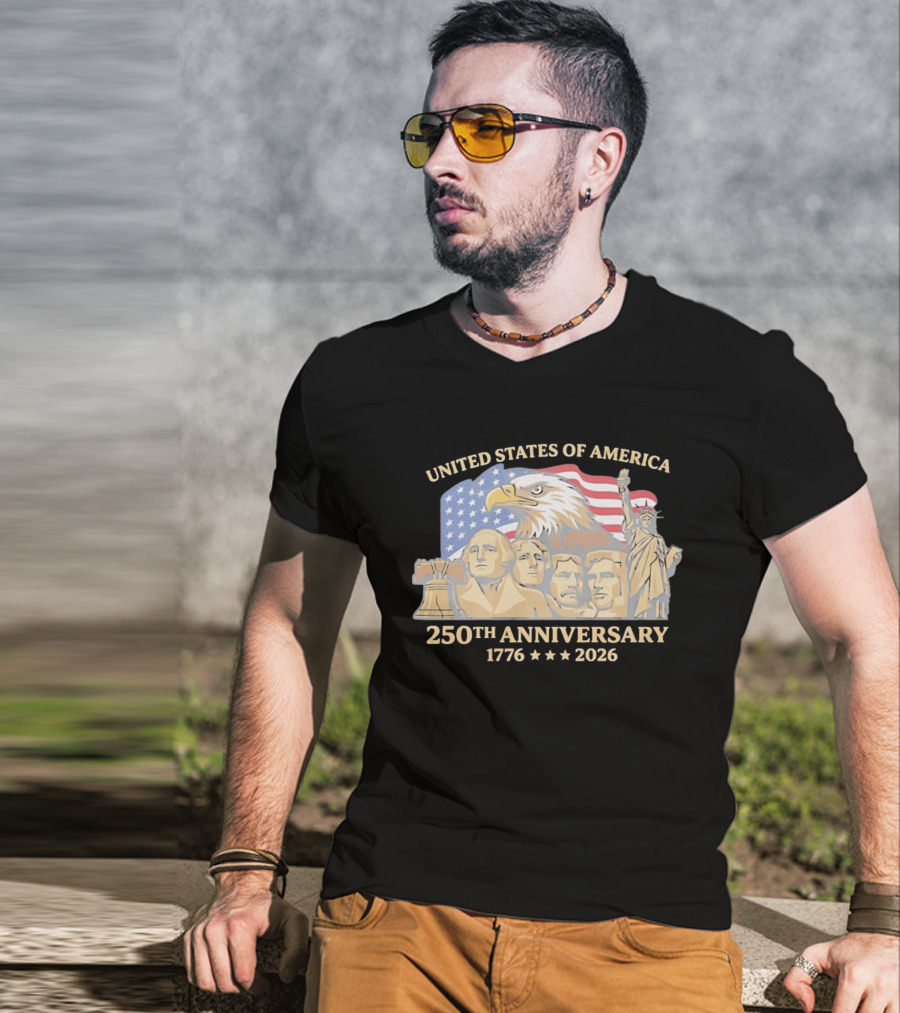 United States Of America 250th Anniversary 1776 2026 Mount Rushmore Liberty Bell Statue Of Liberty Bald Eagle Flag T-Shirt