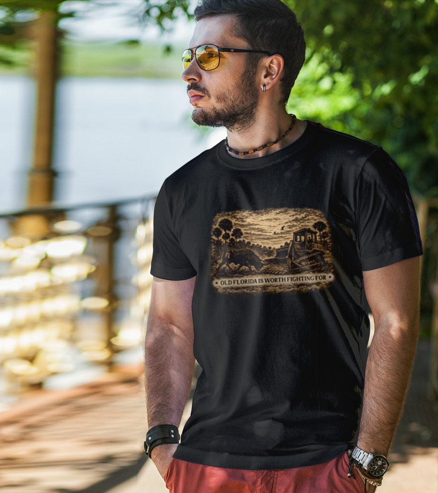 Old Florida Is Worth Fighting For Rustic Bulldozer And Wildlife Scene T-Shirt