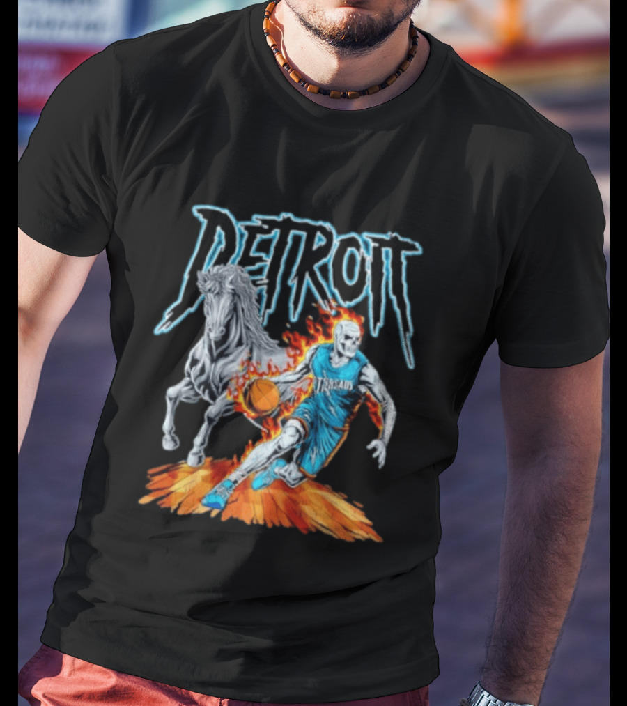 Detroit Skeleton Basketball Player With Fiery Basketball And Horse T-Shirt