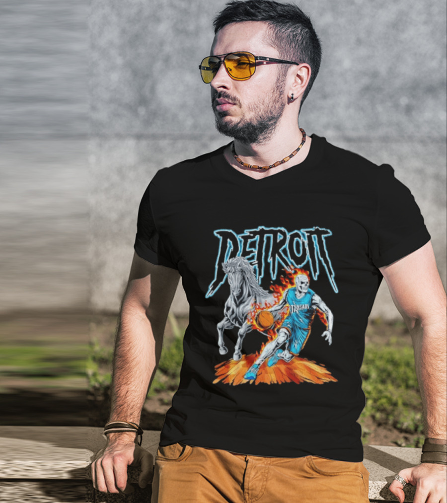 Detroit Skeleton Basketball Player With Fiery Basketball And Horse T-Shirt
