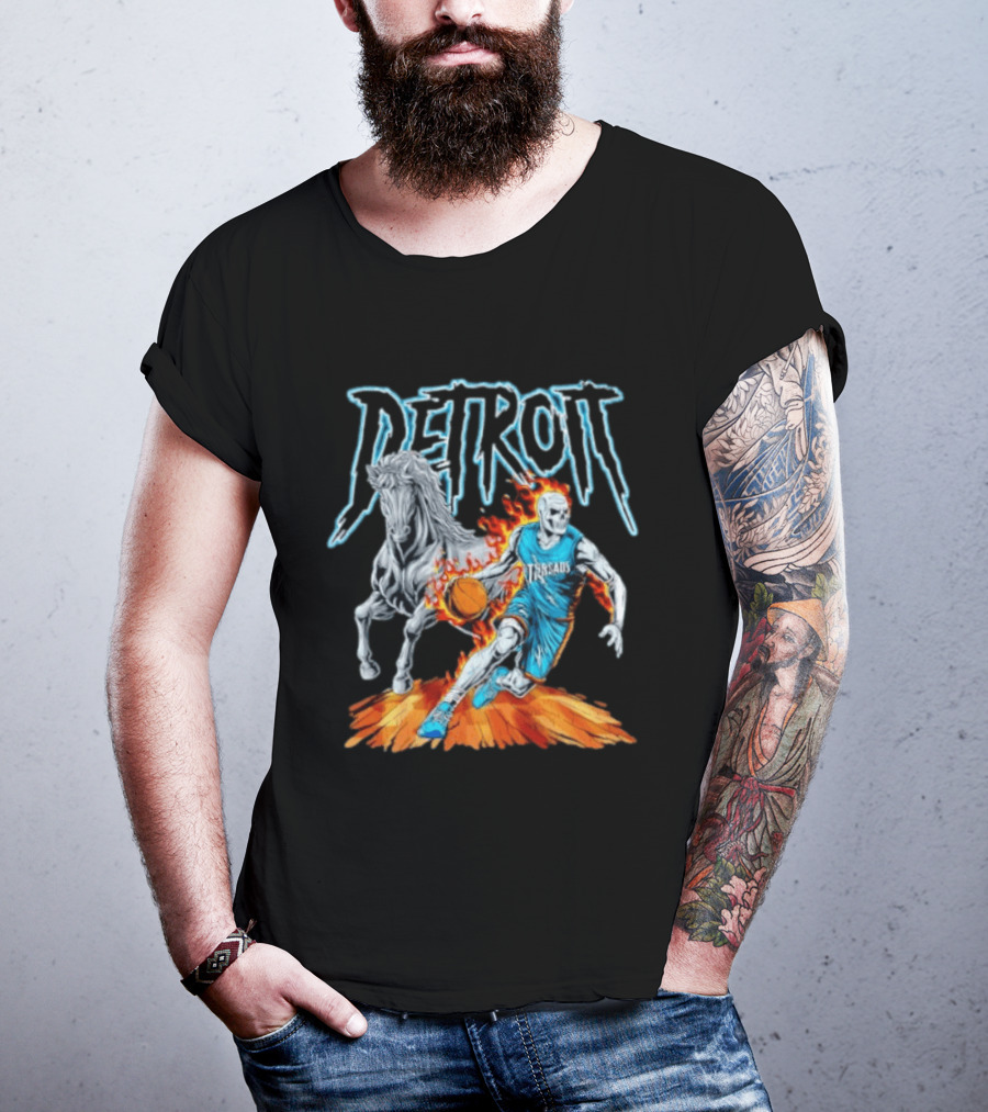 Detroit Skeleton Basketball Player With Fiery Basketball And Horse T-Shirt