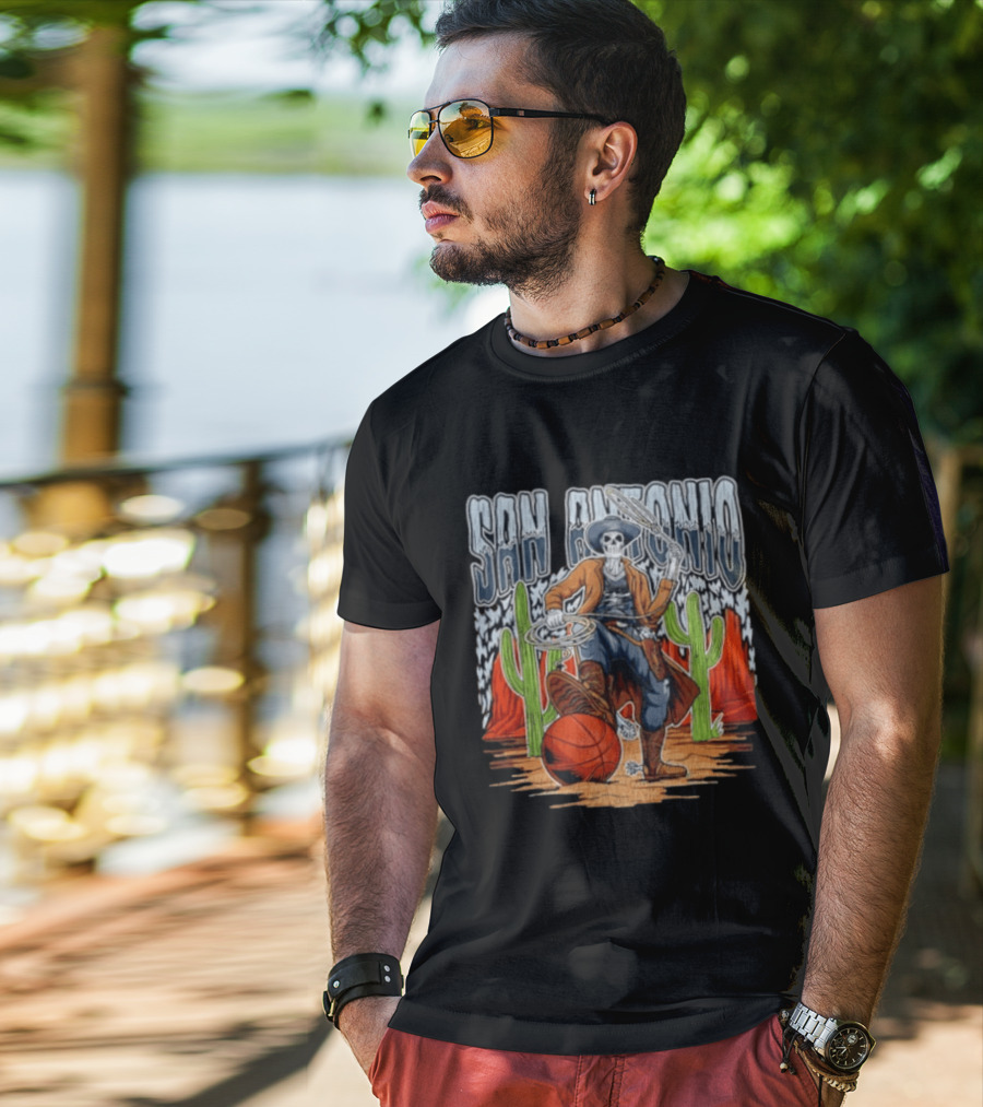 San Antonio Skeleton Cowboy With Basketball And Cactus Scene T-Shirt